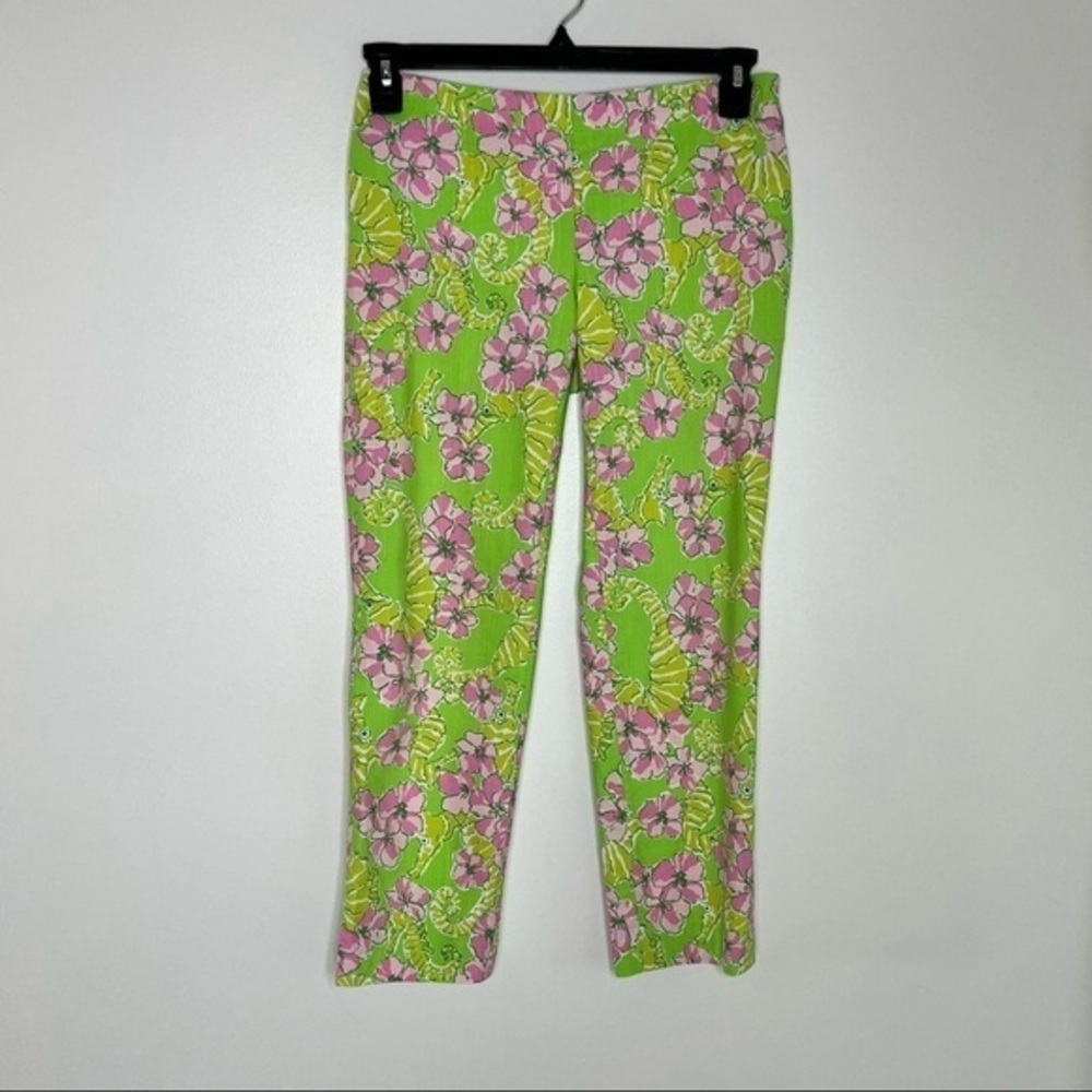 Lilly Pulitzer green and pink seahorse print ankle length pants, size 2